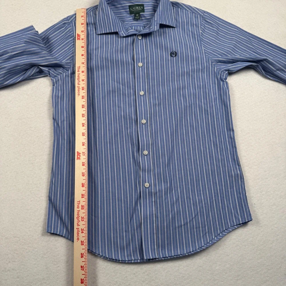 Ralph Lauren‎ Button Up Shirt Boys 18 Blue White Striped Crest Logo Long Sleeve